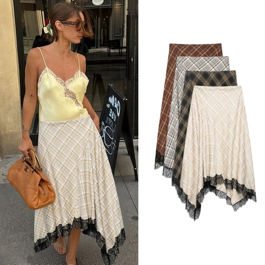 Spring Summer Women's Plaid Asymmetry Skirts Female Vintage  Skirts Chic Lace Splice Midi Skirts Lady Casual Ruched Skirt