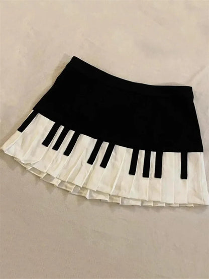 Spring Black White Spliced Women Short Skirt Y2k Slim Design Harajuku Mini Skirt Female Empire Korea Style Chic Piano Skirt
