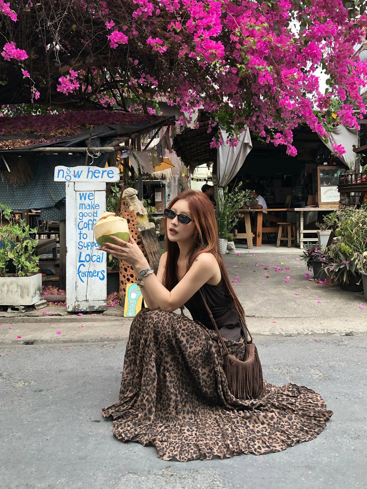 【FANGTING】Women's Leopard Print Skirt Summer Elastic Waist Chiffon High Waist Vintage Midi Skirt
