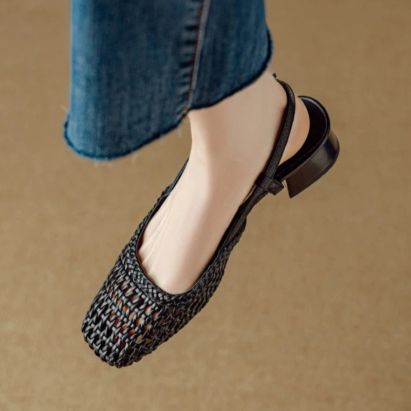 French Square-Toed Woven High-Heeled Sandals, 2025 Summer New Skeletonized Fashionable Leather Fabric Mid-Heel Women's Shoes
