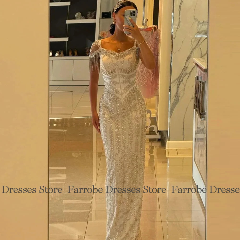 Charming Heavy Work Evening Dresses Satin Sheath/Column Valentine's Day Dress Ivory V-neck Beads Tassel Birthday Party Dresses