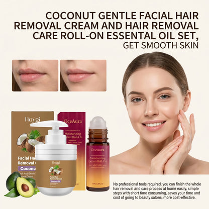 Facial Hair Removal Cream & After Care Roll On Oil Set Coconut Gentle Formula Smooth Skin Soothing Face Armpit Leg Nourishing