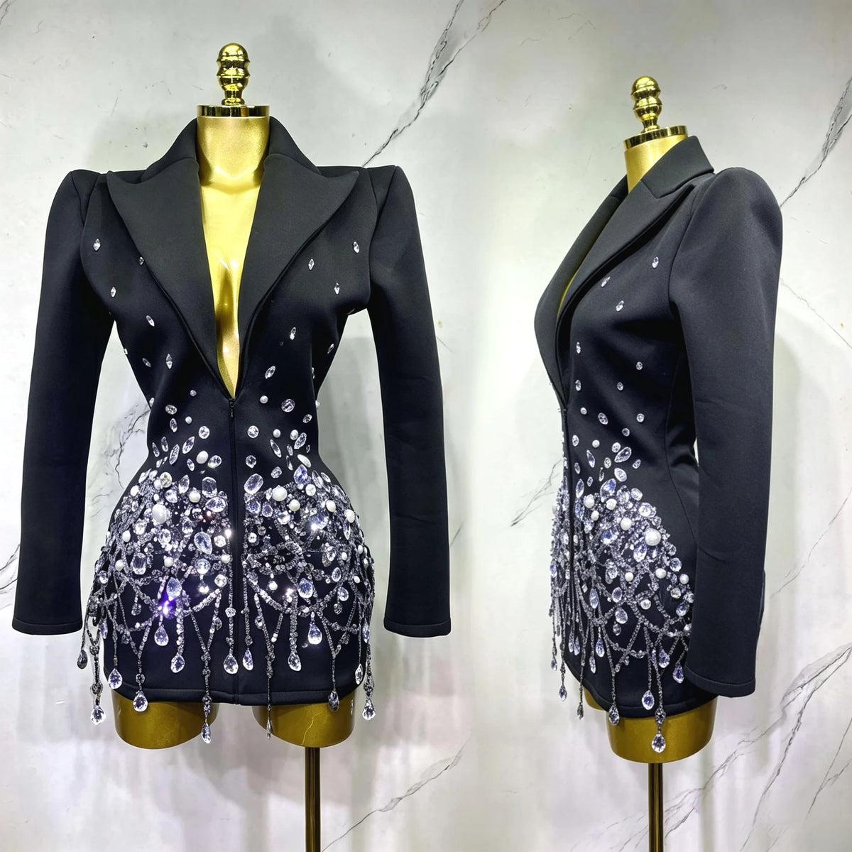 Sparkly Crystal Chains Pearls Long Sleeve Mini Dress Women Birthday Evening Party Nightclub Outfit Singer Wedding Costume