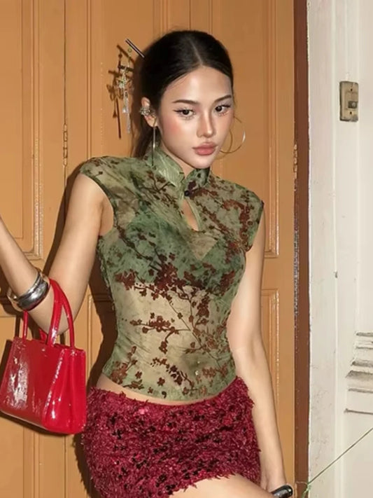 Women's Green Floral Sleeveless Top