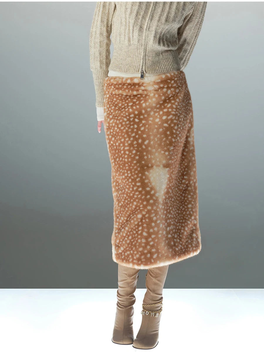 LIMO 2026 New Women Deer Print Faux Fur Skirt High Waist Straight Plush Midi Skirt