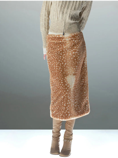 LIMO 2026 New Women Deer Print Faux Fur Skirt High Waist Straight Plush Midi Skirt