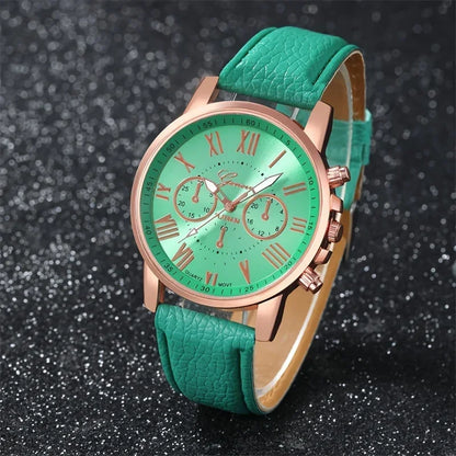 9-piece fashionable watch set, unisex quartz movement, round zinc alloy case, faux leather strap, none, mixed colors,