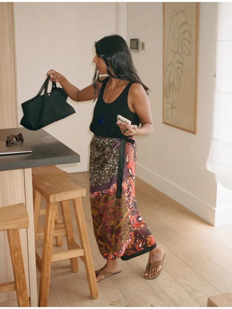 Women's Boho Printed Wrap Midi Skirt Self‑tie Satin High‑waist Split Loose Long Skirts 2026 New Summer Holiday Street Clothes