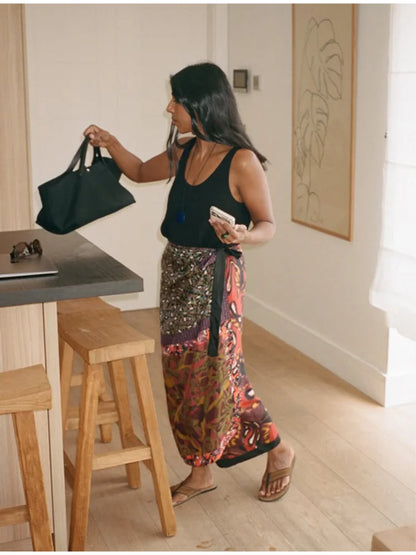 Women's Boho Printed Wrap Midi Skirt Self‑tie Satin High‑waist Split Loose Long Skirts 2026 New Summer Holiday Street Clothes