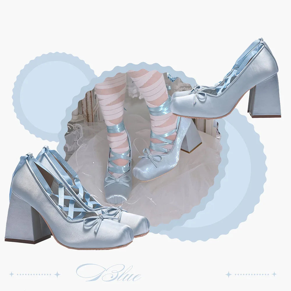 Brand Big Size 43 Square Heels Pink Cross-tied Ballerina Pumps Satin White Lace-up Sweet Lolita Mary Janes Ballet Shoes Women