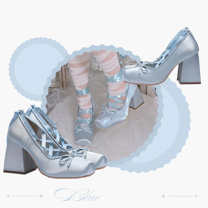 Brand Big Size 43 Square Heels Pink Cross-tied Ballerina Pumps Satin White Lace-up Sweet Lolita Mary Janes Ballet Shoes Women