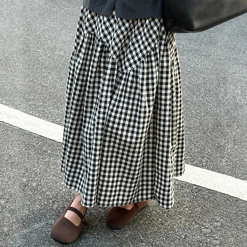 Women's Gingham Panel Long Skirt
