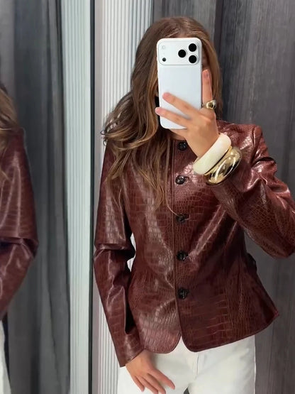 Casual Women's Pu Leather Jacket Slim Single Breasted O-neck Lady Solid Coats 2026 Autumn Fashion Female Street Outerwear