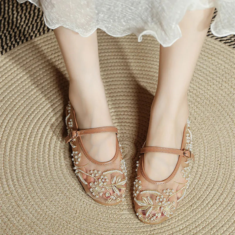 Embroidery String Bead Mesh Ballet Flats Women Fashion White Pearl Mary Jane Shoes Light Summer Flats Elegant Cozy Flat Sandals