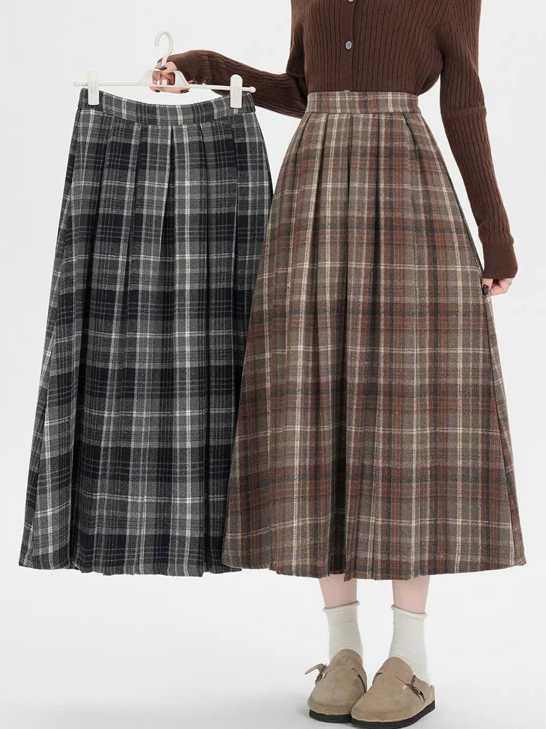 2026 Fall Winter Women‘s Plaid Pleated Midi Skirts High Waist A-Line Flared Swing Skirt Casual College Style