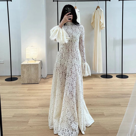 Elegant French Lace Maxi Dress Modest Vintage Trendy Women's Dresses Evening Party Wedding Guest Formal Street Soft Wear
