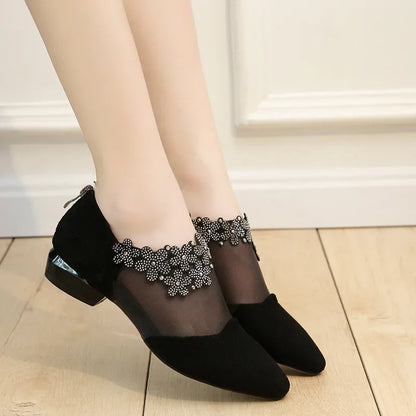 andals for Women 2025 Fashion Rhinestone Women Flowers Low Heel Sandals Women Mesh Plus Size Sandals Sandalias Mujer