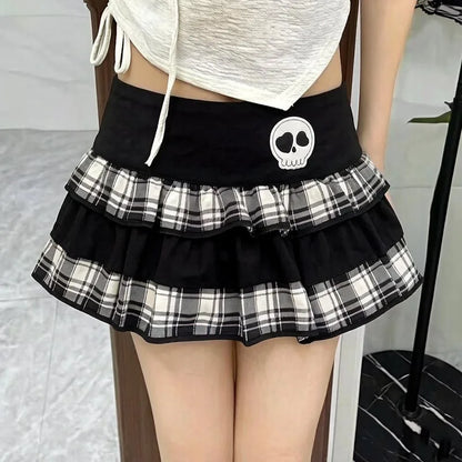 Harajuku Punk Plaid Ruffle Mini Skirt Gothic Elastic Waist Skull Chain Streetwear Y2K Lolita Women Short Skirt Women's Clothes