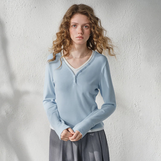 TOYOUTH Women's V Neck Fake Two Piece Long Sleeve T Shirt 2026 Autumn New Cashmere-like Slim Fit Cropped