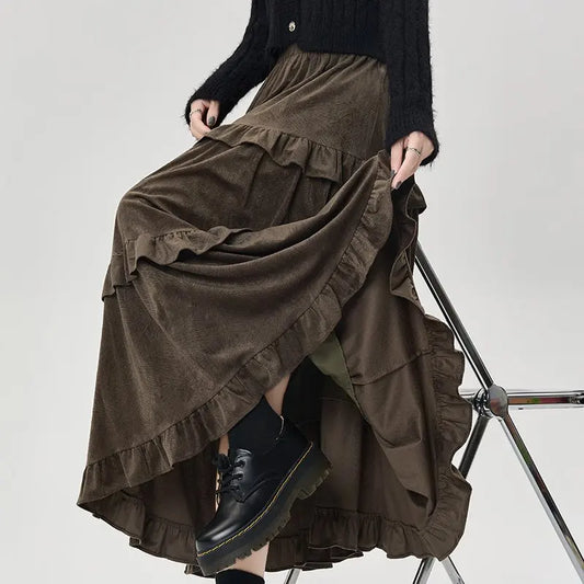 Qiukichonson Mid Long Skirts Womens Velvet Skirt 2023 Autumn Winter Korean Vintage Elastic Waist High Low Ruffle Pleated Skirts