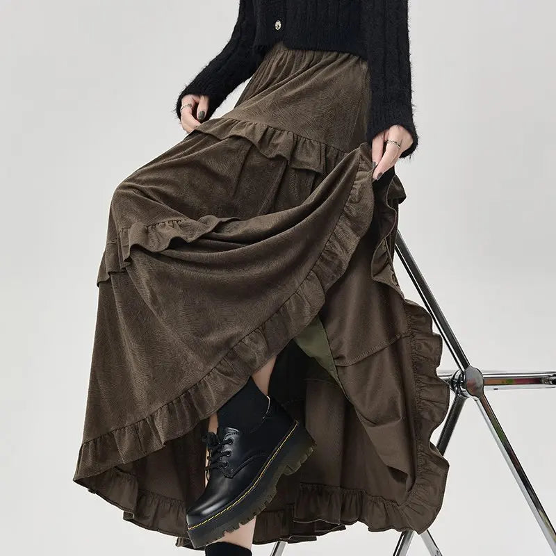 Qiukichonson Mid Long Skirts Womens Velvet Skirt 2023 Autumn Winter Korean Vintage Elastic Waist High Low Ruffle Pleated Skirts