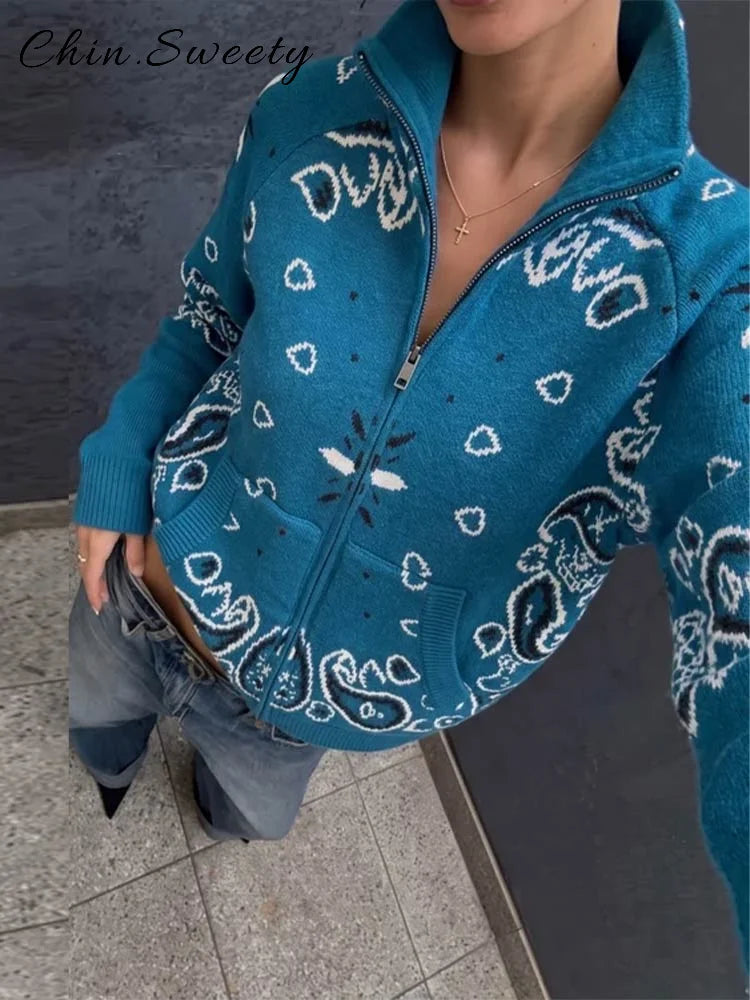 Casual Women's Jacquard Knit Cardigan Loose Stand Collar Zipper Long Sleeve Pockets Sweater 2026 Autumn Lady Vintage Sweaters