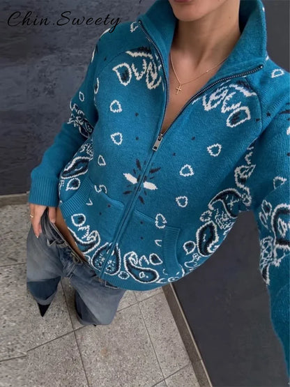 Casual Women's Jacquard Knit Cardigan Loose Stand Collar Zipper Long Sleeve Pockets Sweater 2026 Autumn Lady Vintage Sweaters