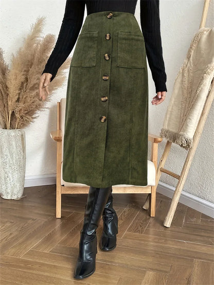Causal Green Pocket Corduroy Long Skirt Women 2026 Winter High Waist Office Midi Skirt Ladies Elegant Elastic Button Work Skirt