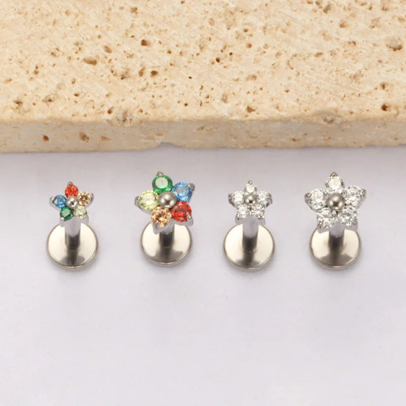 G23 Titanium Colorful Flower Lip Piercing Women 16G 18G Snowflake Heart CZ Tragus Cartilage Helix Conch Daith Earrings Piercing