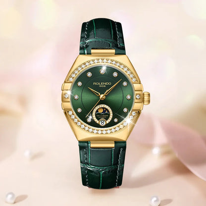 ROLENDO Women's Automatic Mechanical Watches Moon Phase Display Diamond Bezel Green Dial Leather Strap Watch Gift For Women