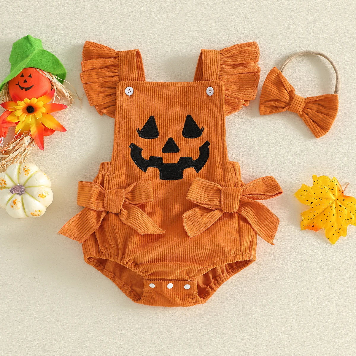 Citgeett Summer Halloween Infant Baby Girl Outfit Pattern Bows Ribbed Flying Sleeve Bodysuit Bow Headband Clothes Set