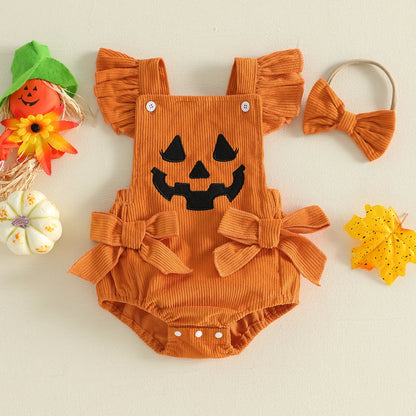 Citgeett Summer Halloween Infant Baby Girl Outfit Pattern Bows Ribbed Flying Sleeve Bodysuit Bow Headband Clothes Set