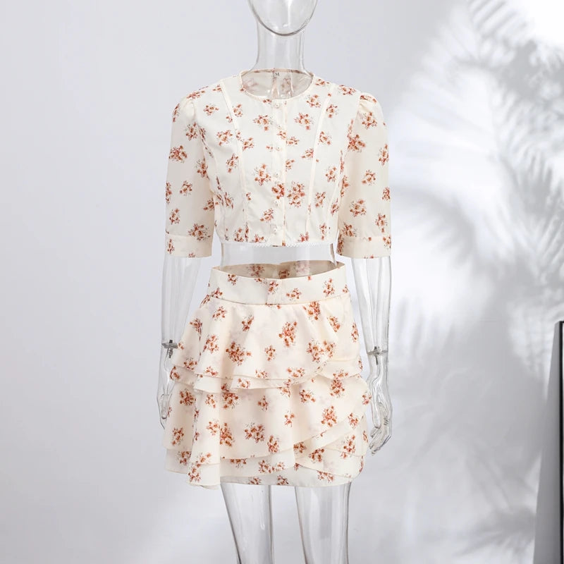 Elegant Printed Cropped Shirts Chiffon Skirt Sets Women Pleated Puff Sleeve Tops Ruffles Mini Skirts 2026 Summer Holiday Suit