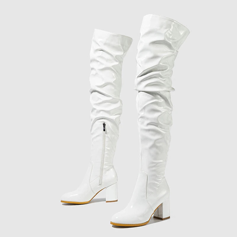 Liyke Fashion Round Toe Motorcycle Thigh High Boots Women Red Pleated Patent Leather Over The Knee Shoes Zip Autumn Winter Heels