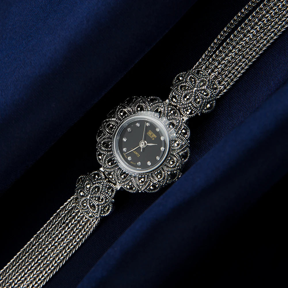 Thailand Silver Solid 925 Sterling Silver Marcasite Luxury Wrist Watches Jewelry Leopard Women's Quartz Watches New Trend