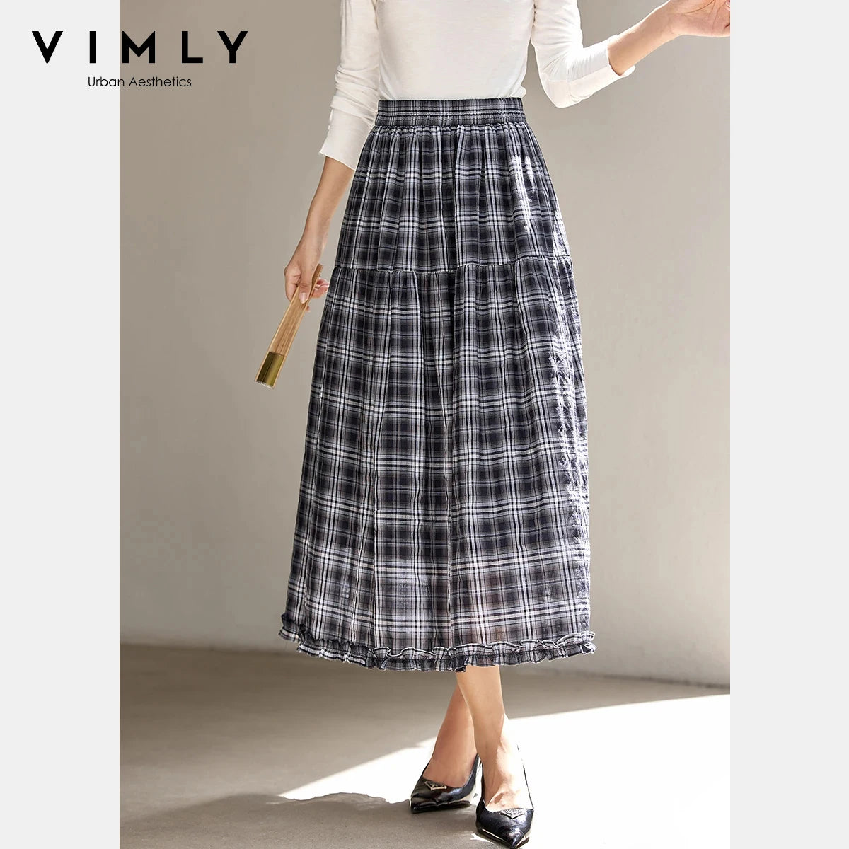 VIMLY Women's Vintage Plaid Skirt 2026 Autumn Casual Vintage Skirts Design Midi Skirt Commute Ruffle A-line Female Skirt A2980