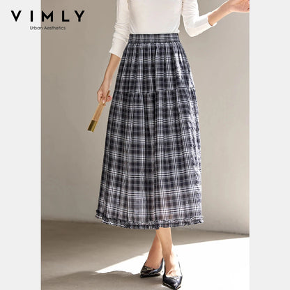 VIMLY Women's Vintage Plaid Skirt 2026 Autumn Casual Vintage Skirts Design Midi Skirt Commute Ruffle A-line Female Skirt A2980