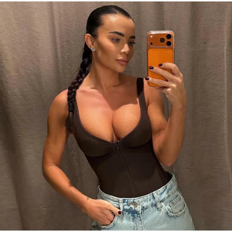 Sexy Slim Corset Women's Bodysuit V-neck Zipper Sleeveless Backless Romper Female 2026 Spring Summer Lady Chic Bustier Nighty