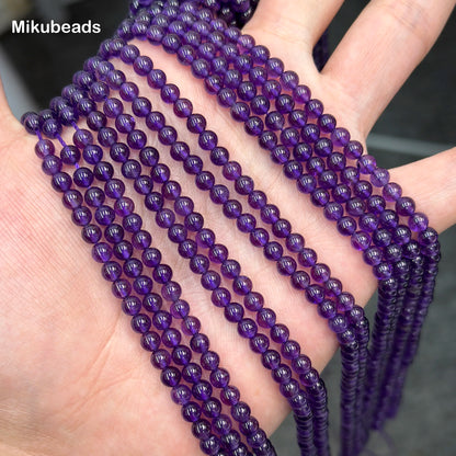Wholesal Natural 4mm 3A Amethyst Quartz Crystal Smooth Round Stone Loose Beads For Making Jewelry DIY Necklace Strand 15"