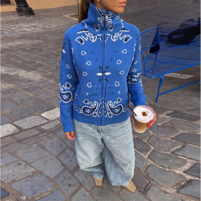 Casual Women's Jacquard Knit Cardigan Loose Stand Collar Zipper Long Sleeve Pockets Sweater 2026 Autumn Lady Vintage Sweaters