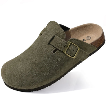 Shevalues Women's Suede Clogs Classic Cork Slippers Leather Mules Men Cork Footbed Sandals Comfort Beach Shoes with Arch Support
