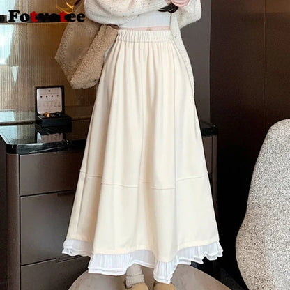FOTVOTEE Japanese Autumn Woolen Midi Skirt for Women Elastic High Waist Ruffle Hem A Line Skirts Women Loose Draped Casual Skirt
