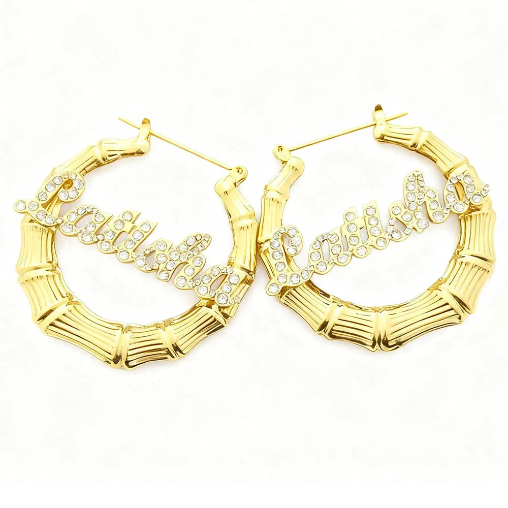 DODOAI 40mm-100mm Bling Name Bamboo Earrings Custom Trapezoid Hoop Bamboo Names Earrings Letter Big Personalised Name Earrings