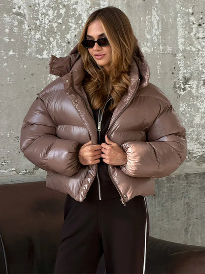 Hooded Glossy Women Winter Coat Loose Thicken Long Sleeve Elastic Hem Jackets Oversized Stand Collar Warm Street Outerwear Lady