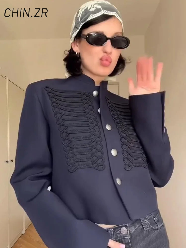 Vintage Women's Cropped Napoleon Jacket Stand Collar Single Breasted Hussar Jackets 2026 Autumn Lady Chic Black Outwear New