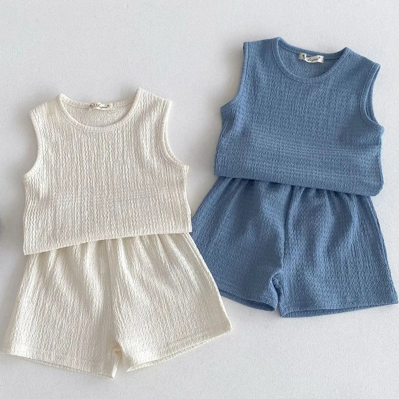New Arrival Korean Style Solid Baby Gauze Homewear Children Breathable Loose Sleeveless Tank Tops + Shorts 2Pcs Thin Pajamas Set