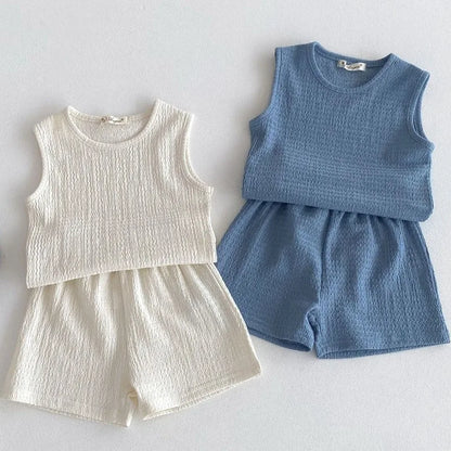 New Arrival Korean Style Solid Baby Gauze Homewear Children Breathable Loose Sleeveless Tank Tops + Shorts 2Pcs Thin Pajamas Set