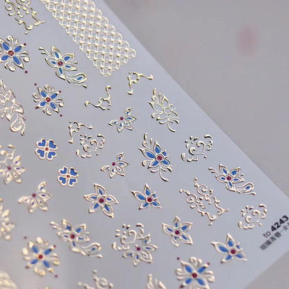 Elegant Gold Scepter 5D Nail Art Stickers Gorgeous Gemstone Luxury Courtly Pattern Necklace Frame Self Adhesive Manicure Decals