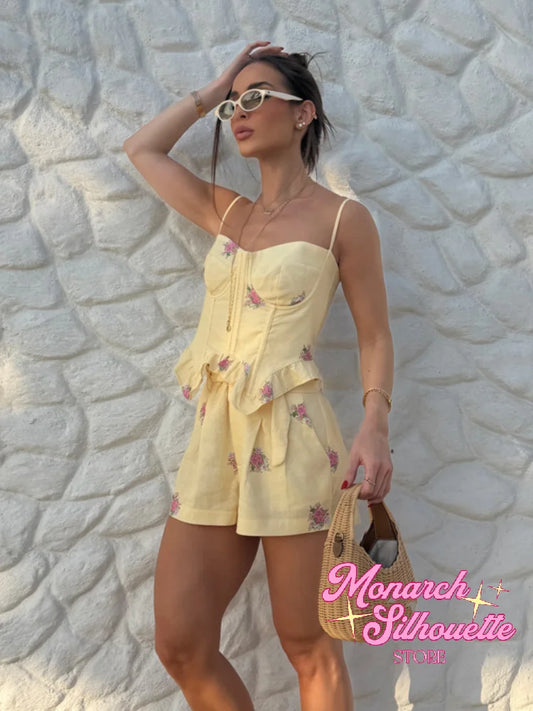 Print Spaghetti Strap Shorts Set Women Chic Boned Shaping French Floral Ruffled Waist Corset Set 2026 Lady Summer Daily Outfit