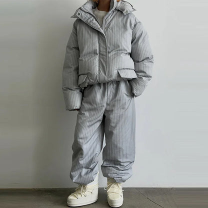 Fashion Women's Stripe Cotton Padded Coat Pant Set Loose Full Sleeve Hooded Zipper Jacket Elastic Waist Pants 2026 Winter Suits